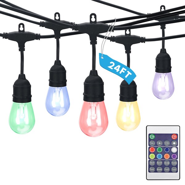 Luxrite 24FT LED RGBW Outdoor String Light Remote Control Color Changing 12 Edison S14 Bulbs IP65 LR40035-1PK - main